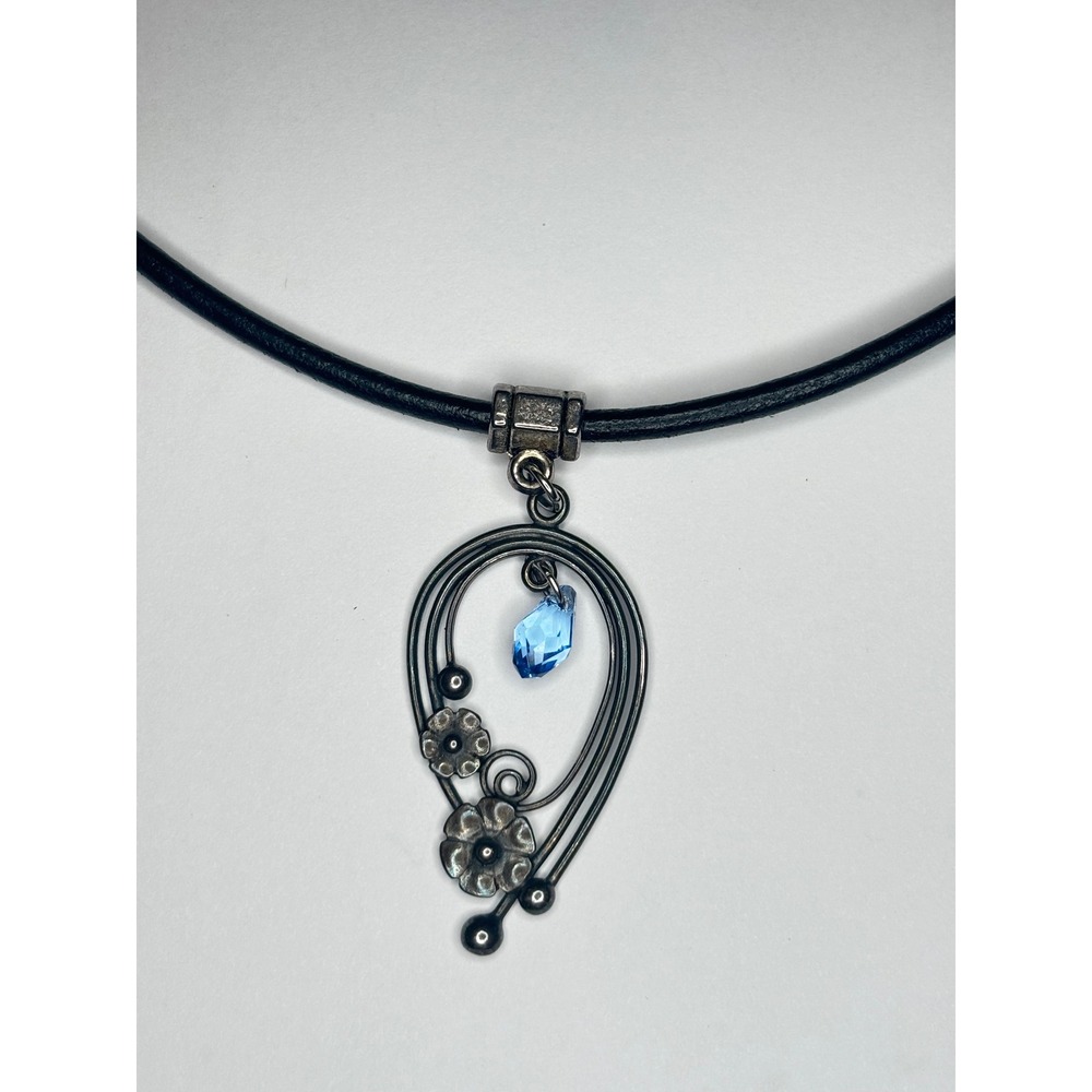 JBB Sterling Silver Floral Pendant Necklace Blue Crystal Teardrop Leather Cord